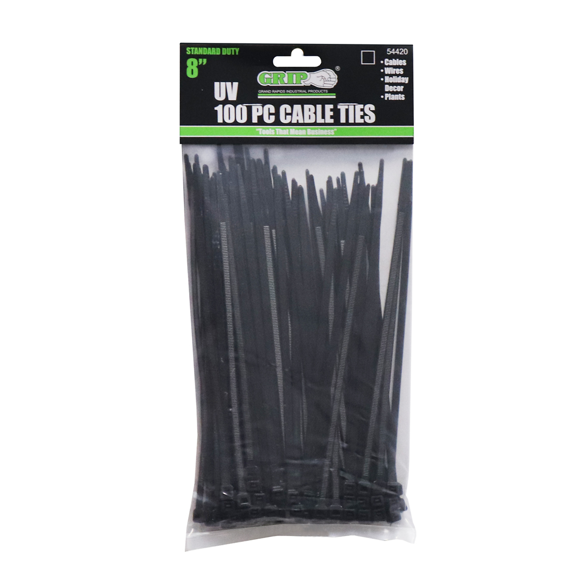 Grip, 8" Standard Duty 100 pc Cable Tie - Black, Loop tensile strength: 50 lbs, Model # 54418